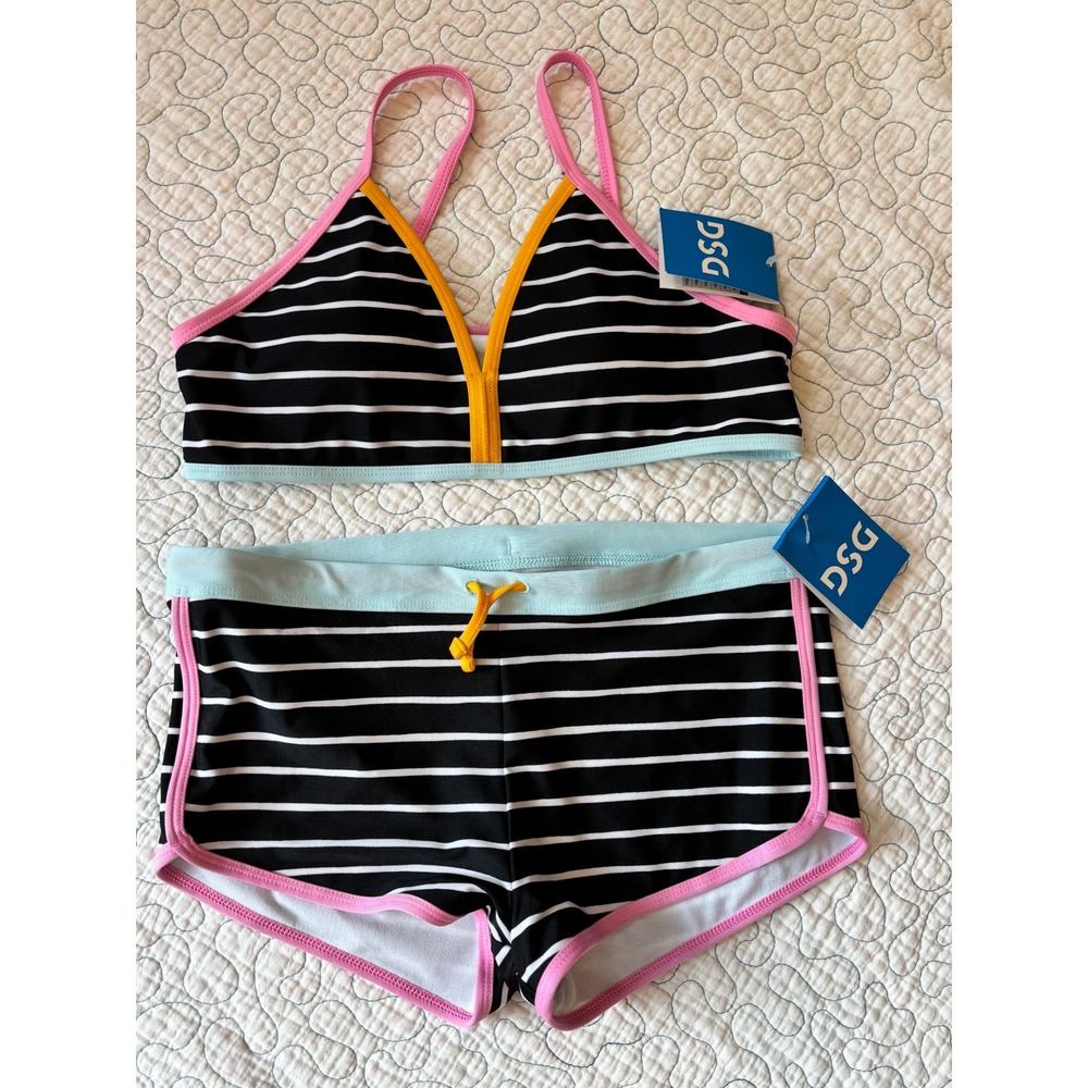 DSG Girls Size XL Two Piece Swimsuit Black White Stripe